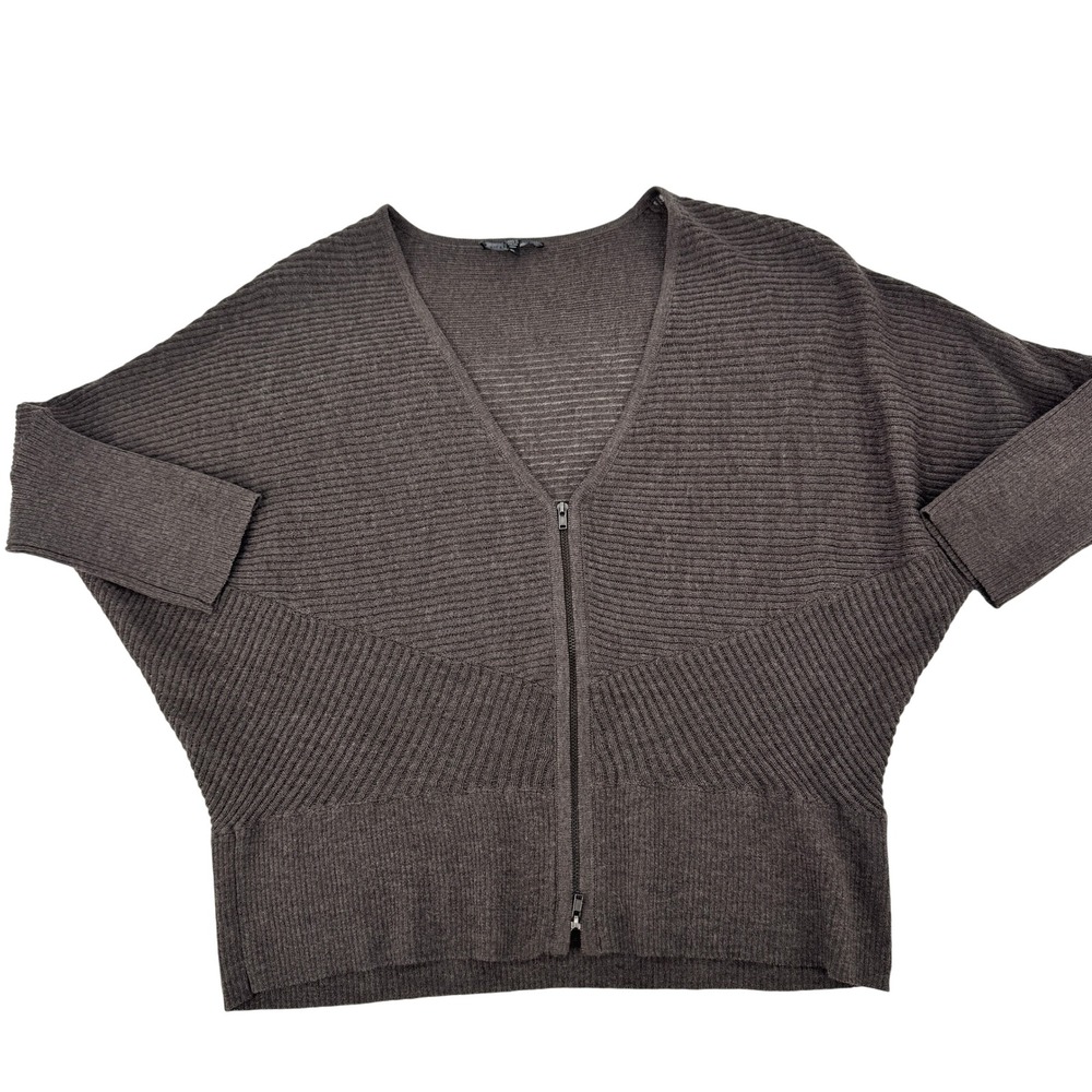 Eileen Fisher Zip Cardigan‎ Women PL Brown 100% Wool Ribbed Batwing Italian Yarn